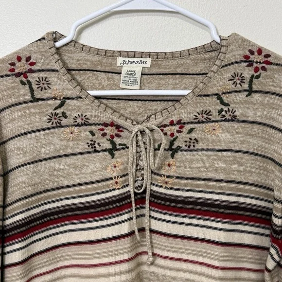 St Johns Bay Floral Embroidered Stripe Top Womens Large Boho Lace Up Cotton - Picture 2 of 11